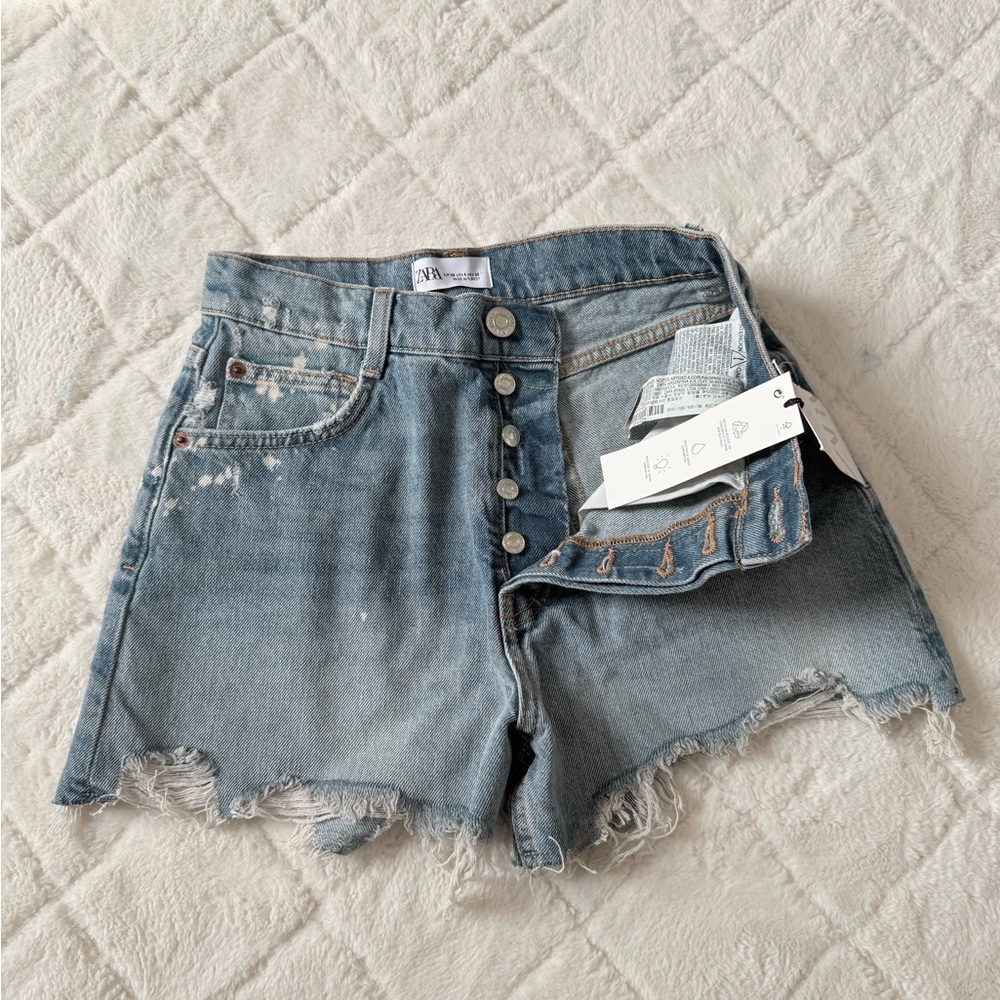 ZARA Blue Washed Distressed Denim Shorts - Picture 4 of 5